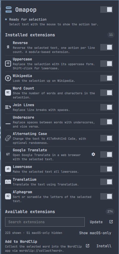 Omapop's extensions panel, with toggles, inline settings controls, and a searchable extension catalogue.